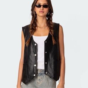 Edikted Vegan Black Leather Side Lace Up Biker Vest Size Medium
